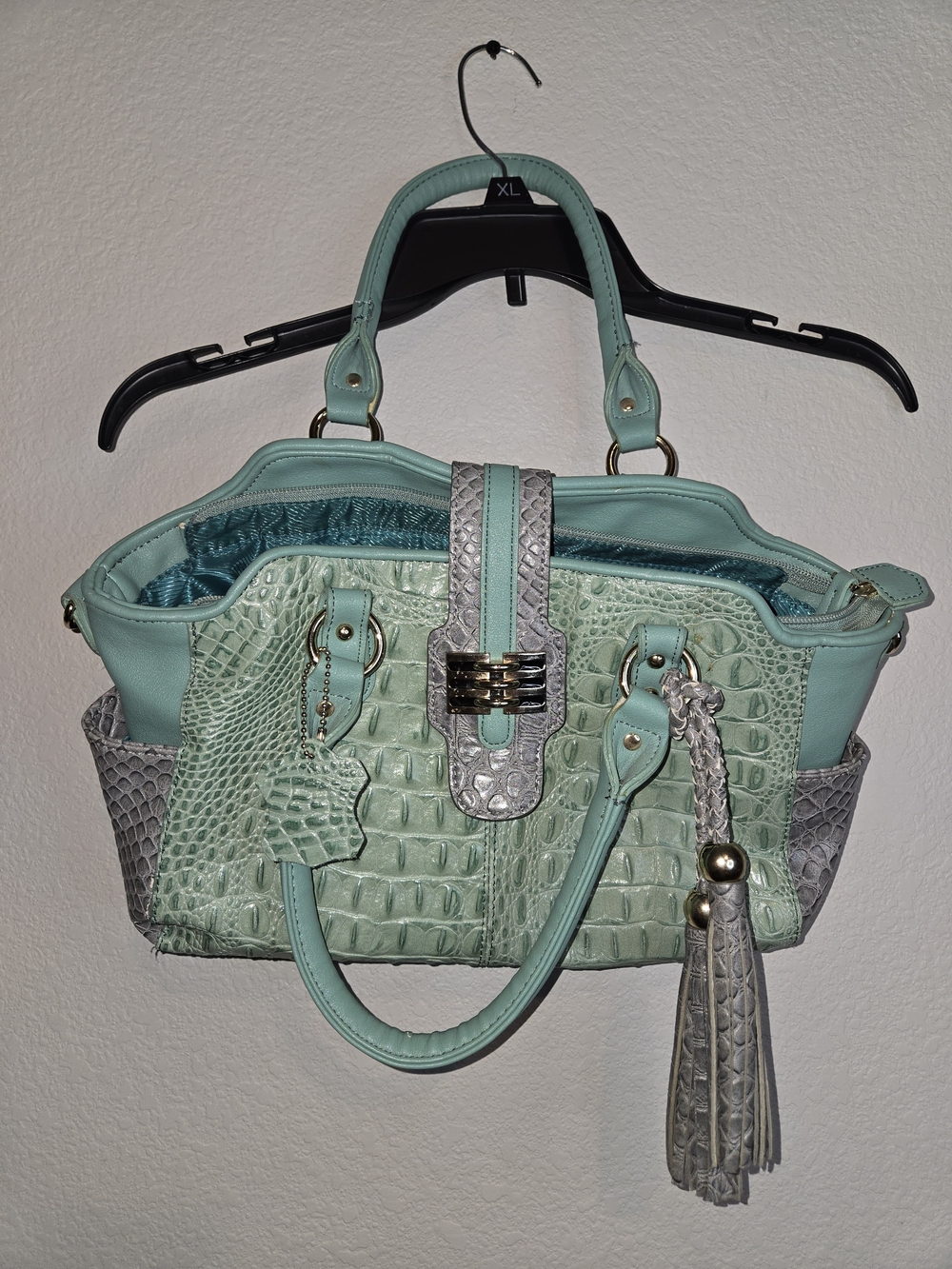 Vintage M.C. Marc Chantal shoulder bag featuring mint green faux-crocodile print